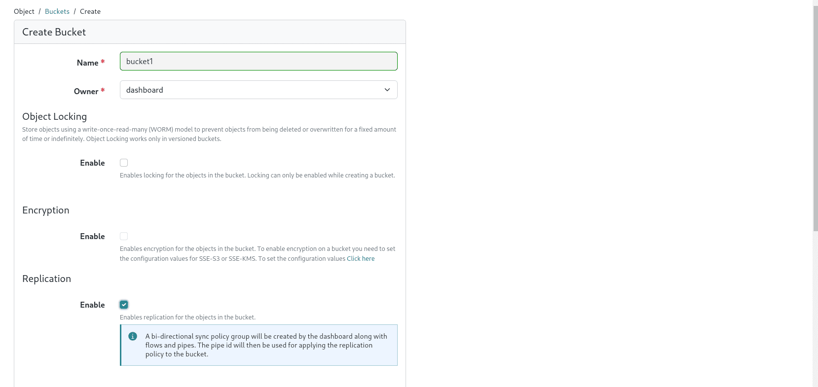 Enable replication from bucket form